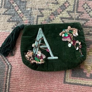 Green suede “A” initial pouch